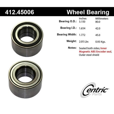 Centric Parts Standard Double Row Wheel Bearing, 412.45006E 412.45006E